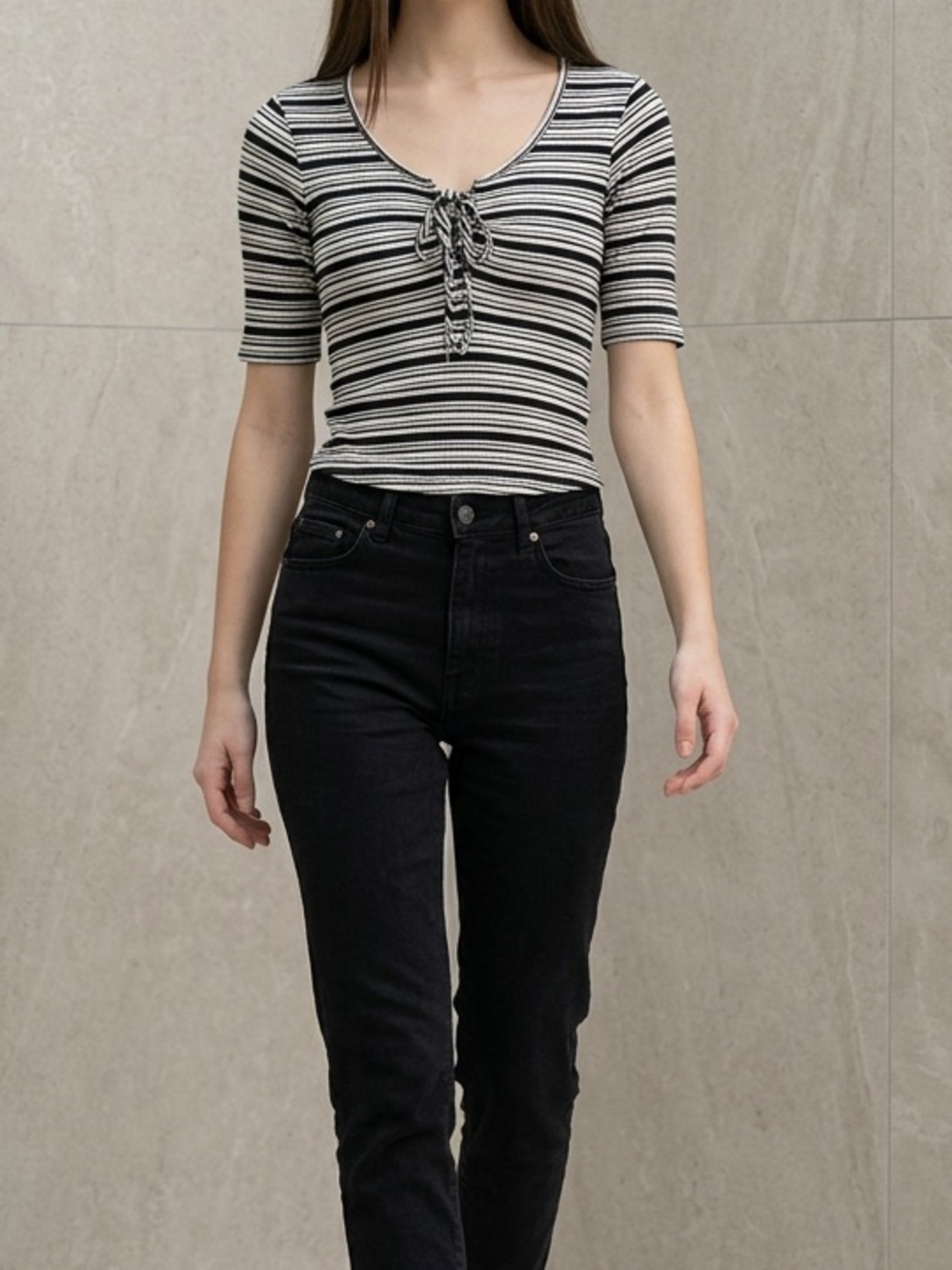 Full Tilt Black & White Striped Front Tie Top - Juniors Size Small